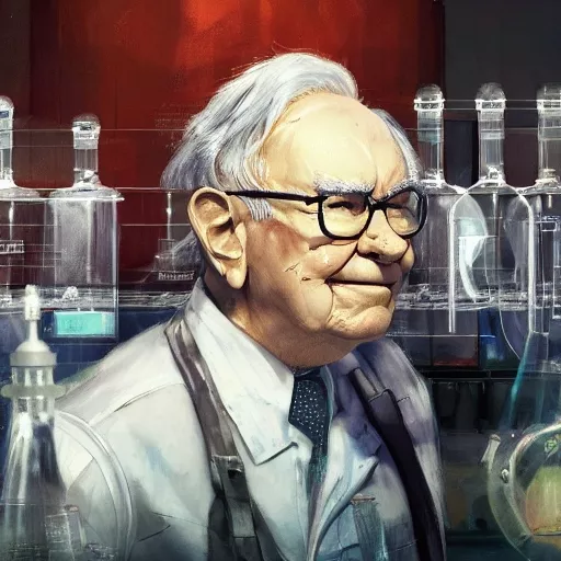 Warren Buffett in a chemical lab - deepai impression