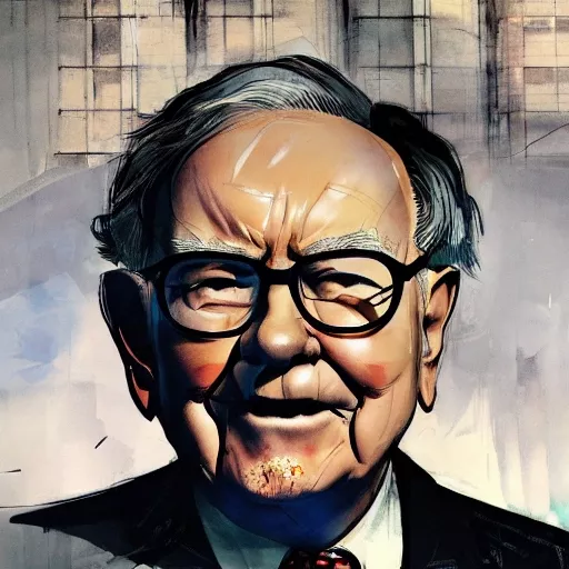 Warren Buffett in front of a house panorama
