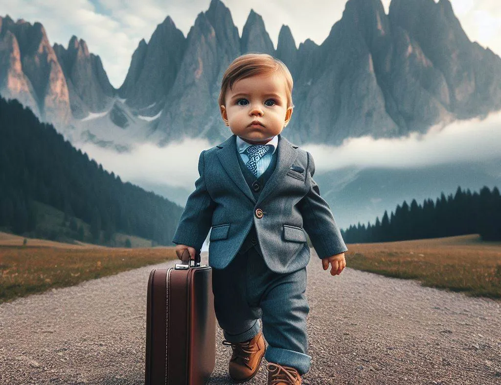 Baby Berkshire In Suit With Suitcase In Front Of Mountains Successful_1024x786