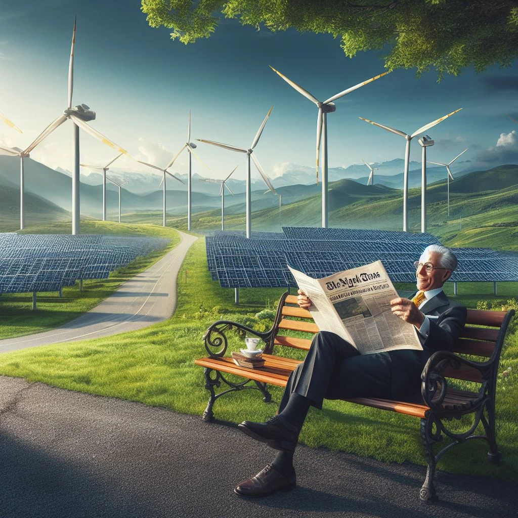 a manager sits close to a solar with and wind stations, ai impression