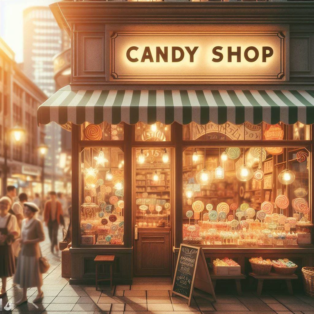 Nostalgic Candy Shop In Bustling City Warm Lighting_1024x1024