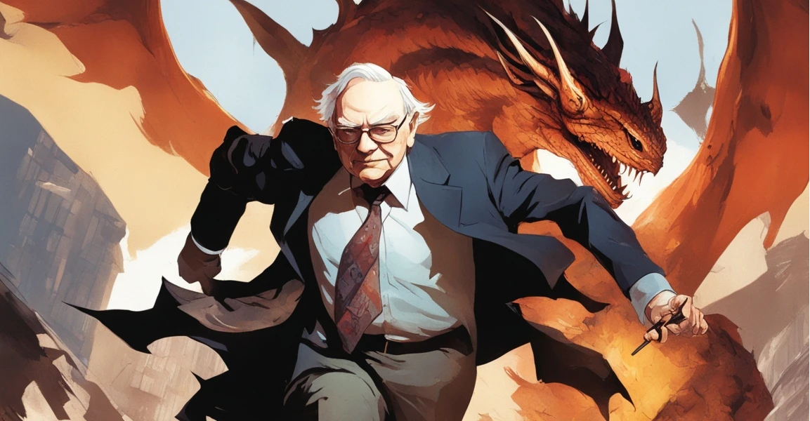 Warren Buffett metaphorically fighting the market dragon for Berkshire Hathaway shareholders
