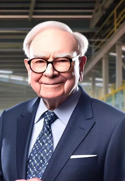 Warren Buffett smiling in factory because of bright BNSF future - ai impression