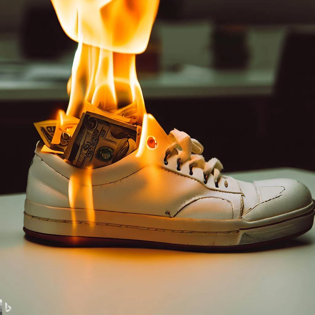 A whit shoe with burning dollars inside - impression of dexter investment debacle