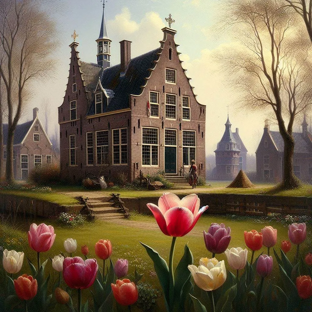 A House In The Netherlands 1630s With Tulips In Front