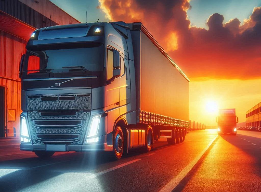 A Truck Leaving A Logistic Center At Sunset