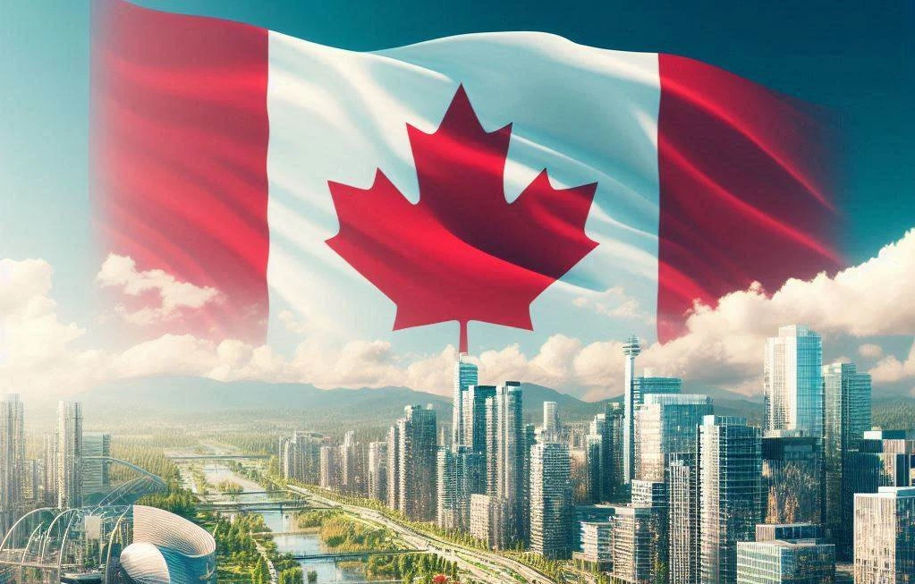 Imaginary Canadian City With Canada Flag