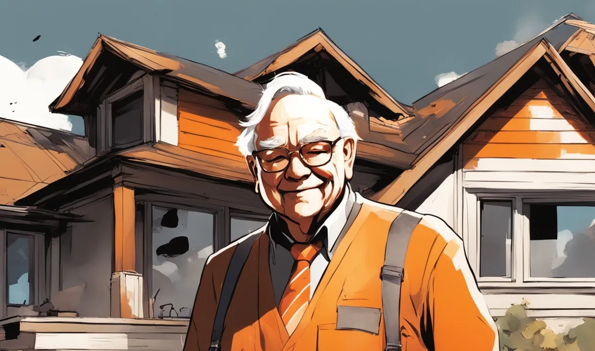 Warren Buffett As Construction Worker In Front Of Modern House