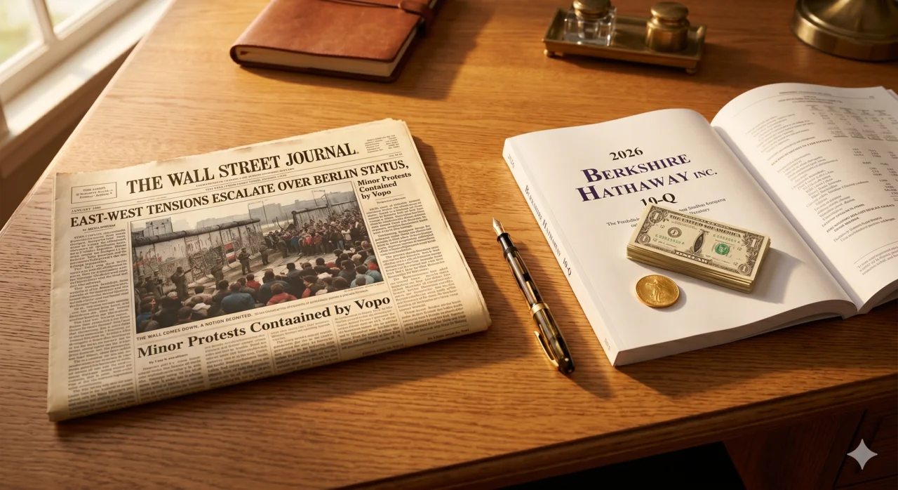 A 1988 Wall Street Journal with Berlin Wall coverage beside a 2026 Berkshire Hathaway 10-Q on an oak desk
