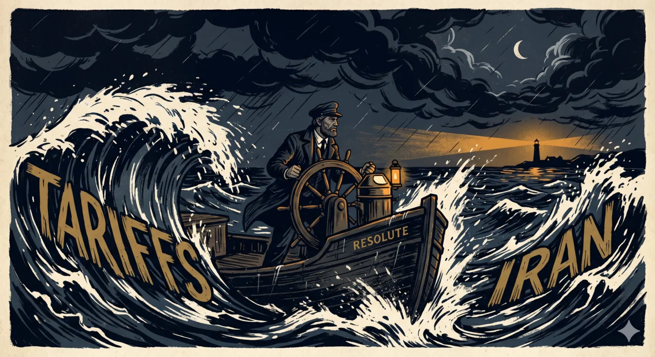 Captain steering ship through stormy seas labeled Tariffs and Iran, lighthouse on horizon