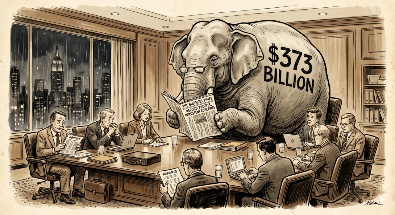 Giant elephant labeled $373 Billion reads newspaper in boardroom while executives pretend not to notice