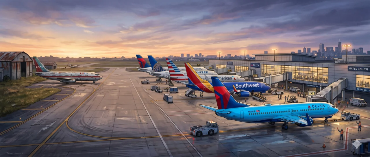 Three eras of Berkshire airline bets — a faded USAir jet, a cluster of Big Four tails, and a Delta jet pulling away at dawn