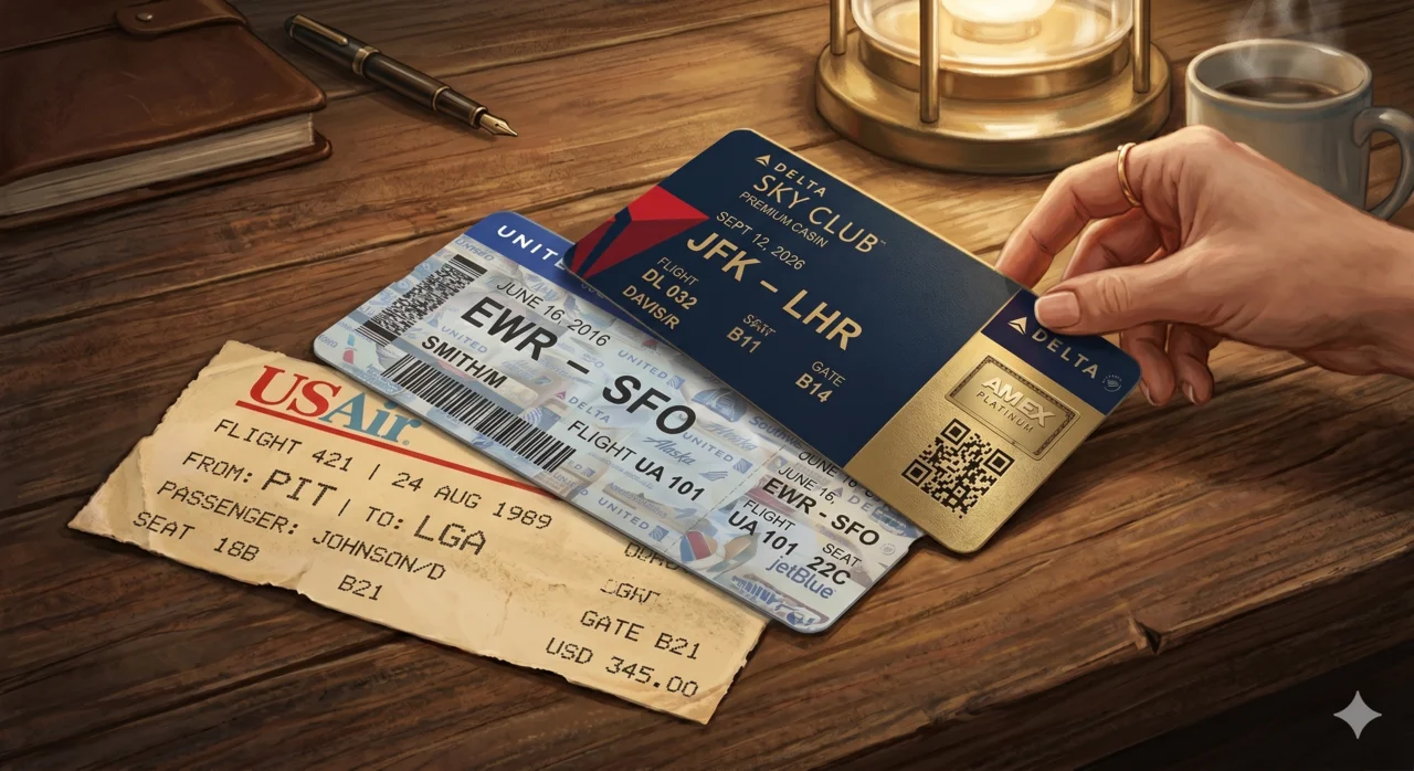 Three boarding passes on a wooden desk: a 1989 USAir thermal-paper ticket, a 2016 United Airlines pass, and a 2026 Delta Sky Club Amex co-brand pass