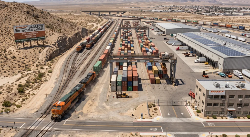 Speculative impression of the completed Barstow International Gateway: a container intermodal yard with gantry cranes, stacked containers, transload warehouses with rooftop solar, and BNSF locomotives, below the Barstow hill in the desert