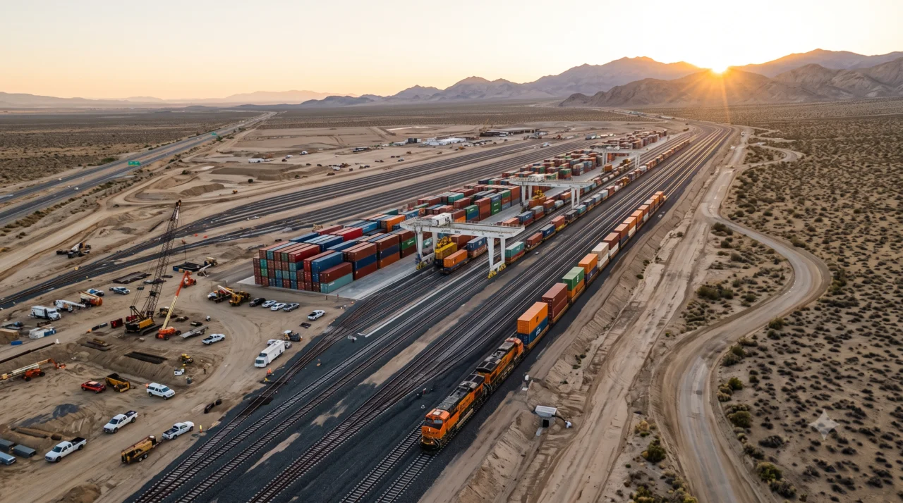 Golden-hour aerial of a new desert rail intermodal yard under construction, with gantry cranes, stacked shipping containers, and an orange BNSF freight train stretching toward distant mountains