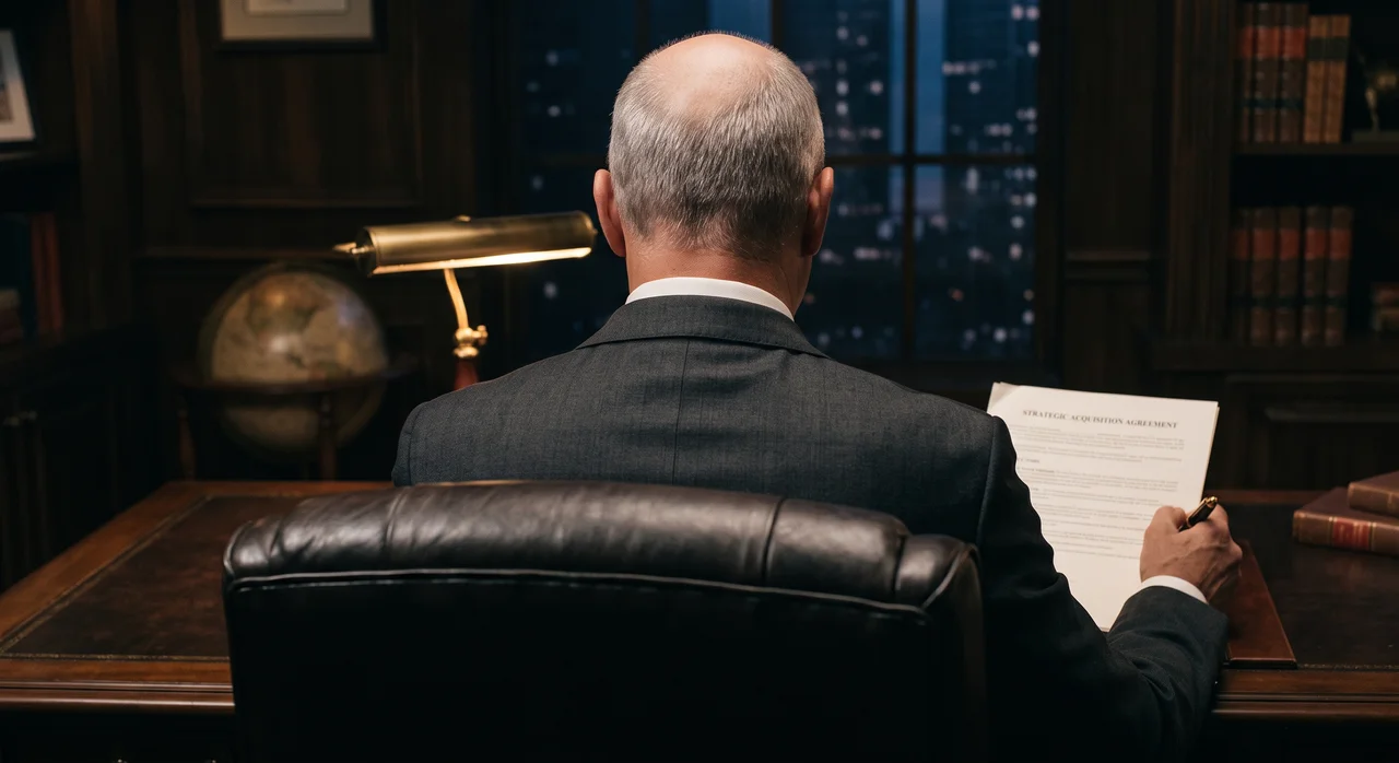 A man in a dark suit seen from behind at a wooden desk under a brass lamp, bald on top with grey hair at the sides, signing a document headed Strategic Acquisition Agreement, a lit city skyline through the window behind him; his face is not visible