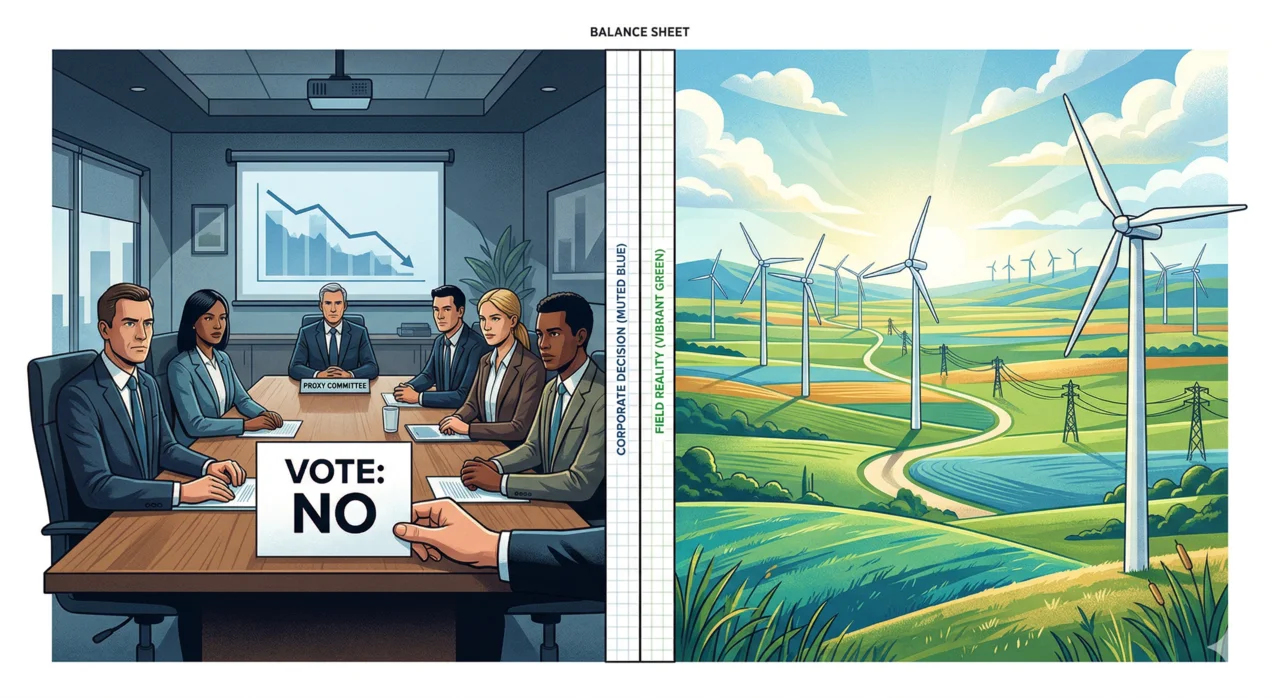 Split screen: corporate boardroom voting no on left, wind farm on right