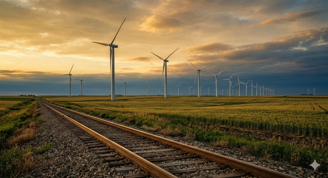 Railroad tracks cutting through Iowa wind farm at sunset