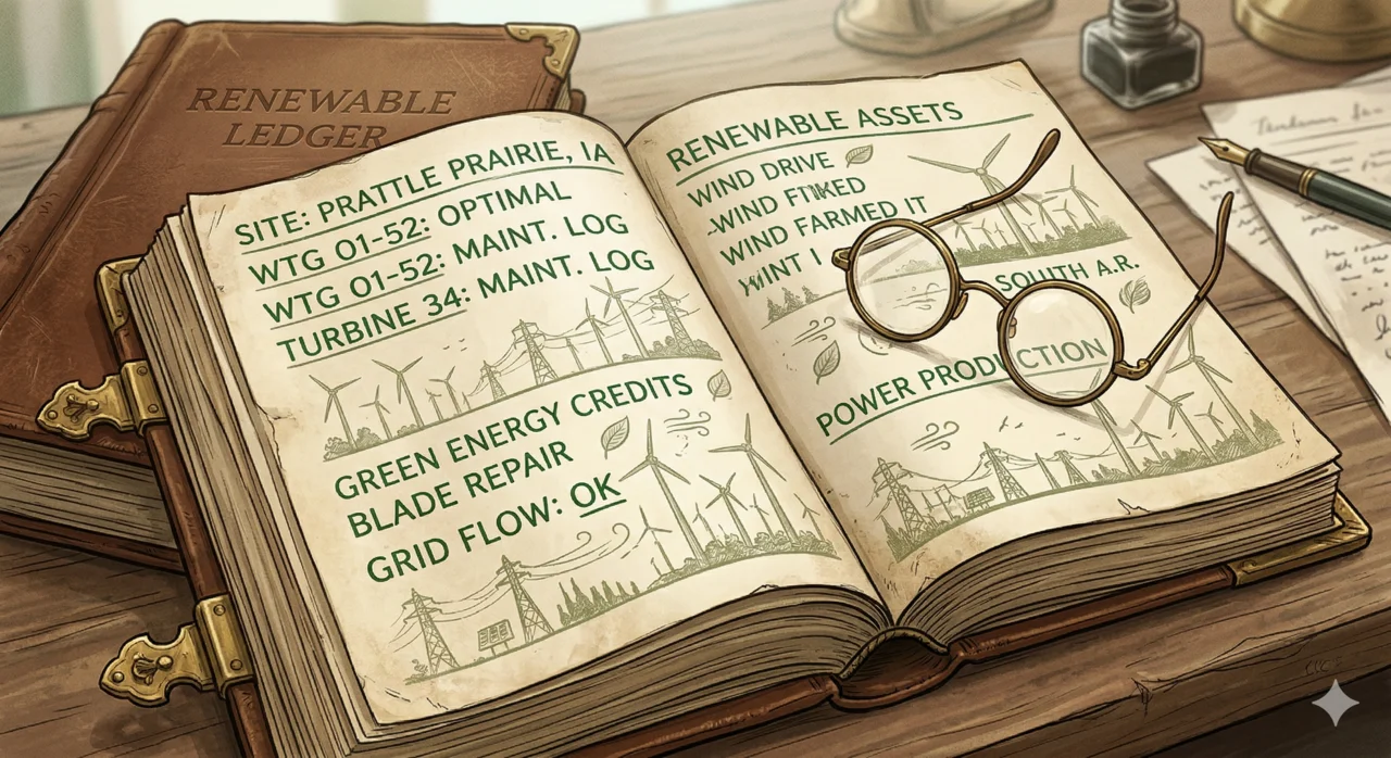 Berkshire Hathaway renewable energy ledger with wind turbine illustrations