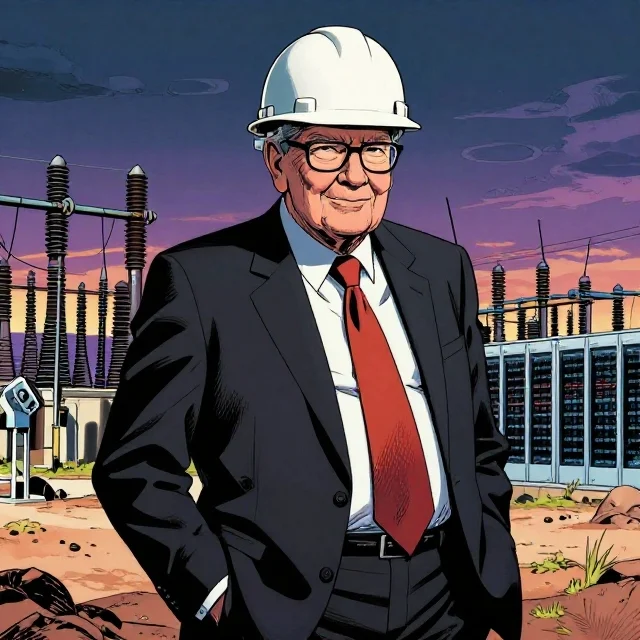 Comic-style portrait of a Berkshire executive in a hard hat and dark suit standing before a power substation and server racks at dusk