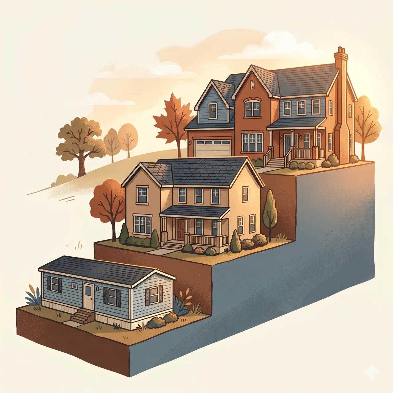 Three houses arranged as ascending steps of a staircase: a small manufactured home at the bottom, a mid-size house in the middle, and a large move-up home at the top