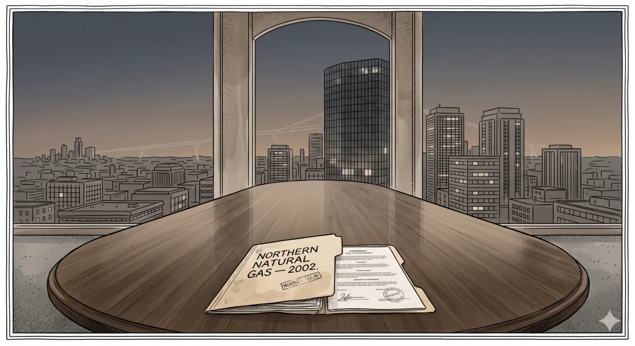 Empty corporate boardroom at dusk with a manila folder labeled Northern Natural Gas 2002 open on a polished table; through tall windows a city skyline with one tall building's lights going dark
