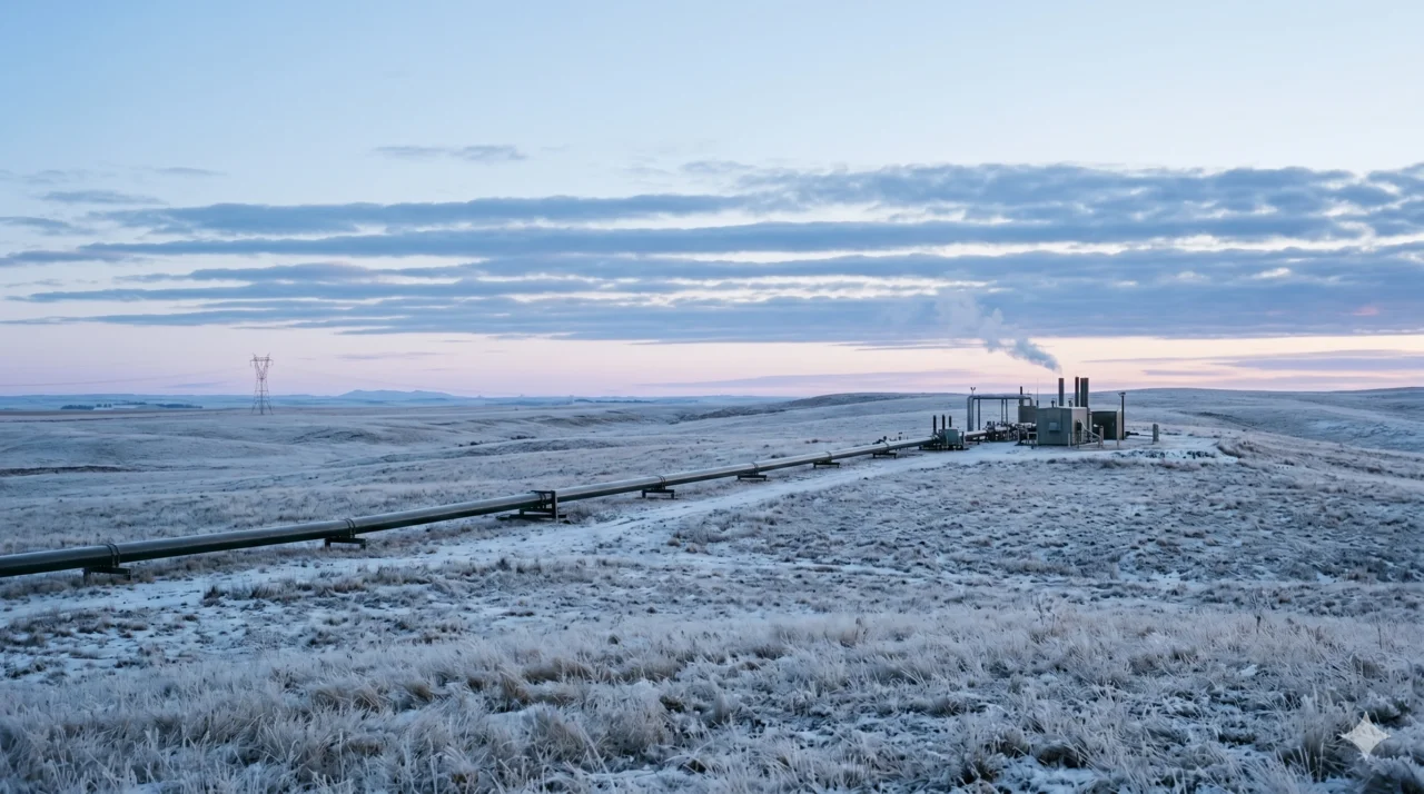 Steel natural gas pipeline running across frost-covered Great Plains grassland at first light, with a small compressor station venting vapor in the distance