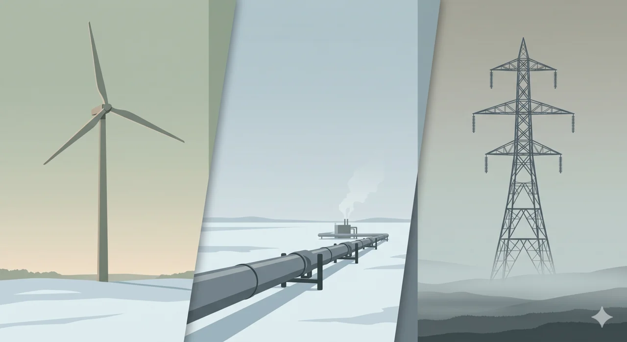 Three-panel triptych showing a wind turbine on a snowy Iowa prairie at dawn, a steel natural gas pipeline crossing a frozen plain with rising vapor, and a Victorian British electricity pylon in misty Yorkshire moorland