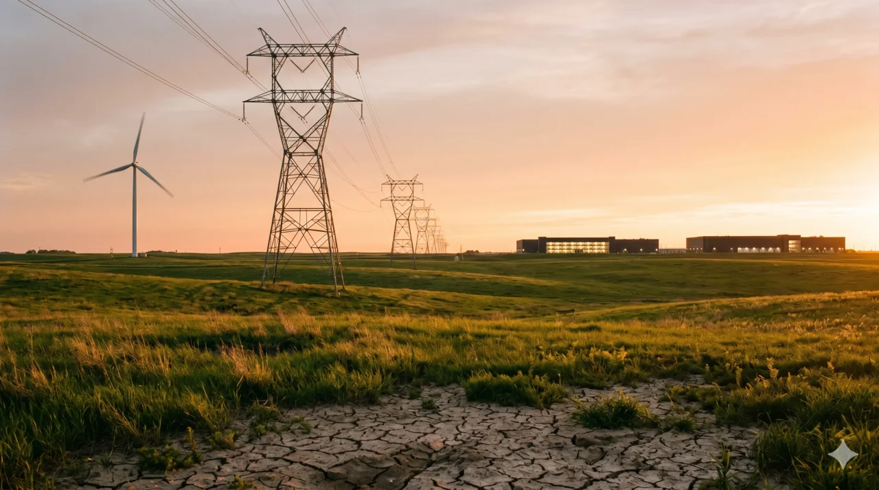 Transmission towers and a wind turbine on an Iowa prairie at golden hour, with data center buildings glowing on the horizon