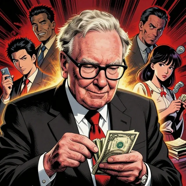 Comic-book style portrait of an elderly white-haired investor in a dark suit and red tie holding a fan of dollar bills, framed by manga-styled background characters