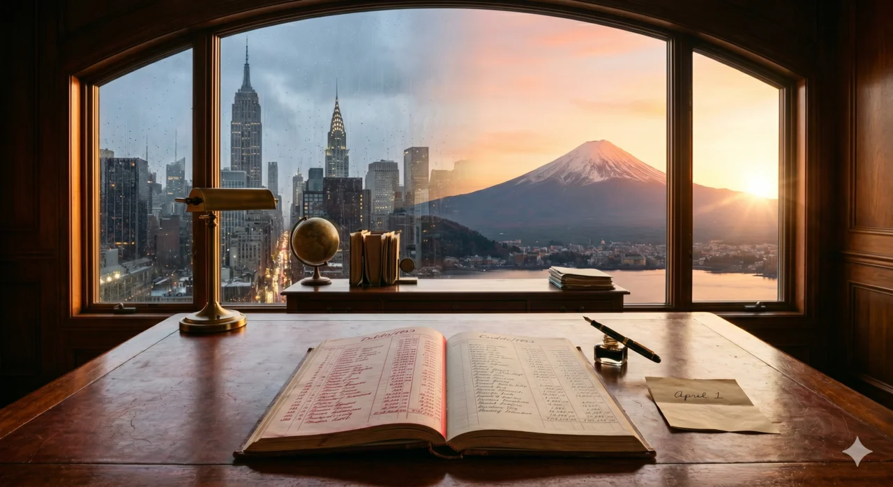 Mahogany underwriting desk with an open ledger and pen, framed by a tall window where the view crossfades from a New York skyline on one side to Mt. Fuji at sunrise on the other