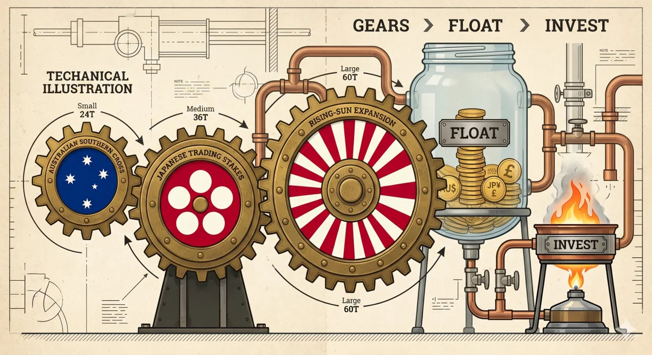 Technical-illustration diagram of three brass gears bearing the Australian Southern Cross, Japanese trading-house circles, and rising-sun rays, feeding a glass jar labelled FLOAT that powers a small flame labelled INVEST
