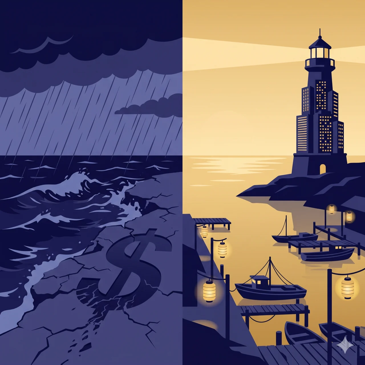 Two-tone editorial illustration split down the middle: stormy U.S. coast with cracked dollar-sign motif on the left, calm Japanese harbour with paper lanterns and a stylised lighthouse on the right