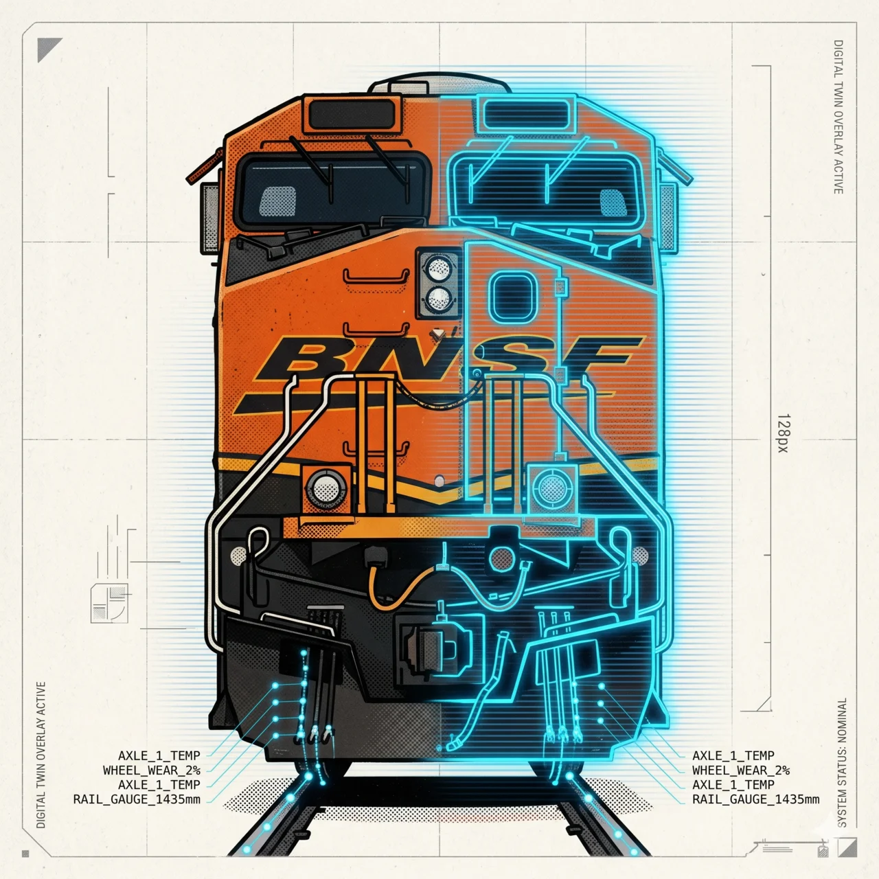 Head-on view of a BNSF locomotive with a blue digital-twin wireframe overlay reading axle temperature, wheel wear, and rail gauge