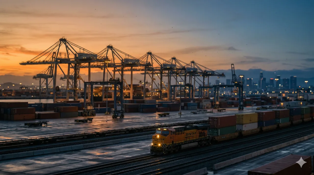 BNSF locomotive at the Port of Los Angeles at dusk with container cranes