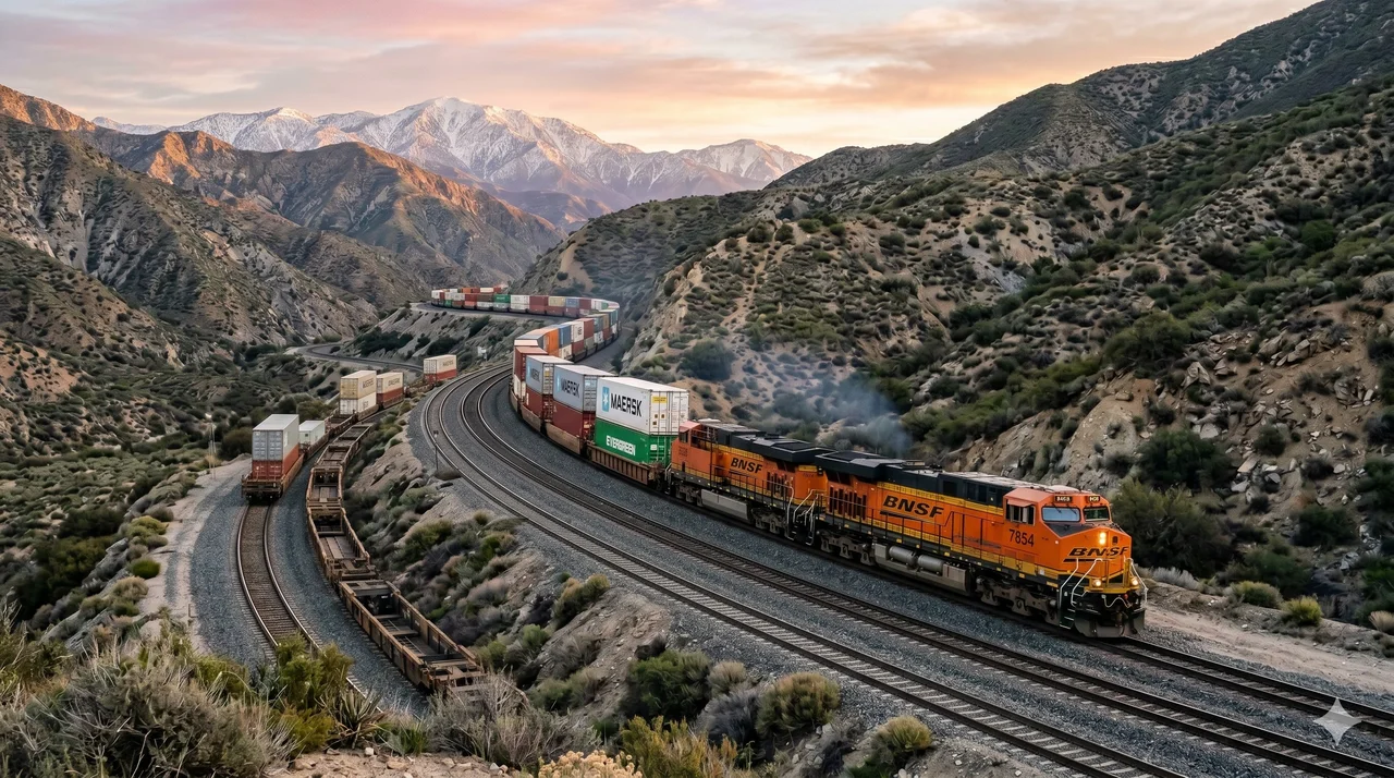 BNSF stack train cresting Cajon Pass at dawn