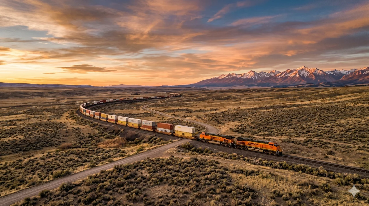 BNSF stack train curving through the high plains at dusk with snowcapped mountains in the distance