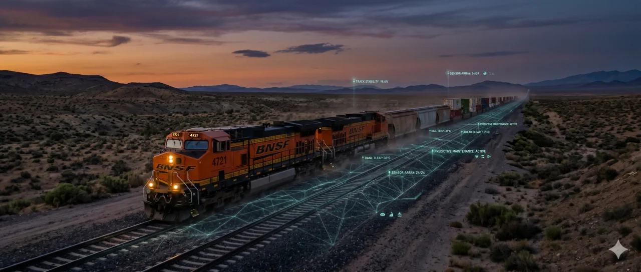 BNSF intermodal train on a desert mainline at dusk with a glowing sensor-grid overlay along the track