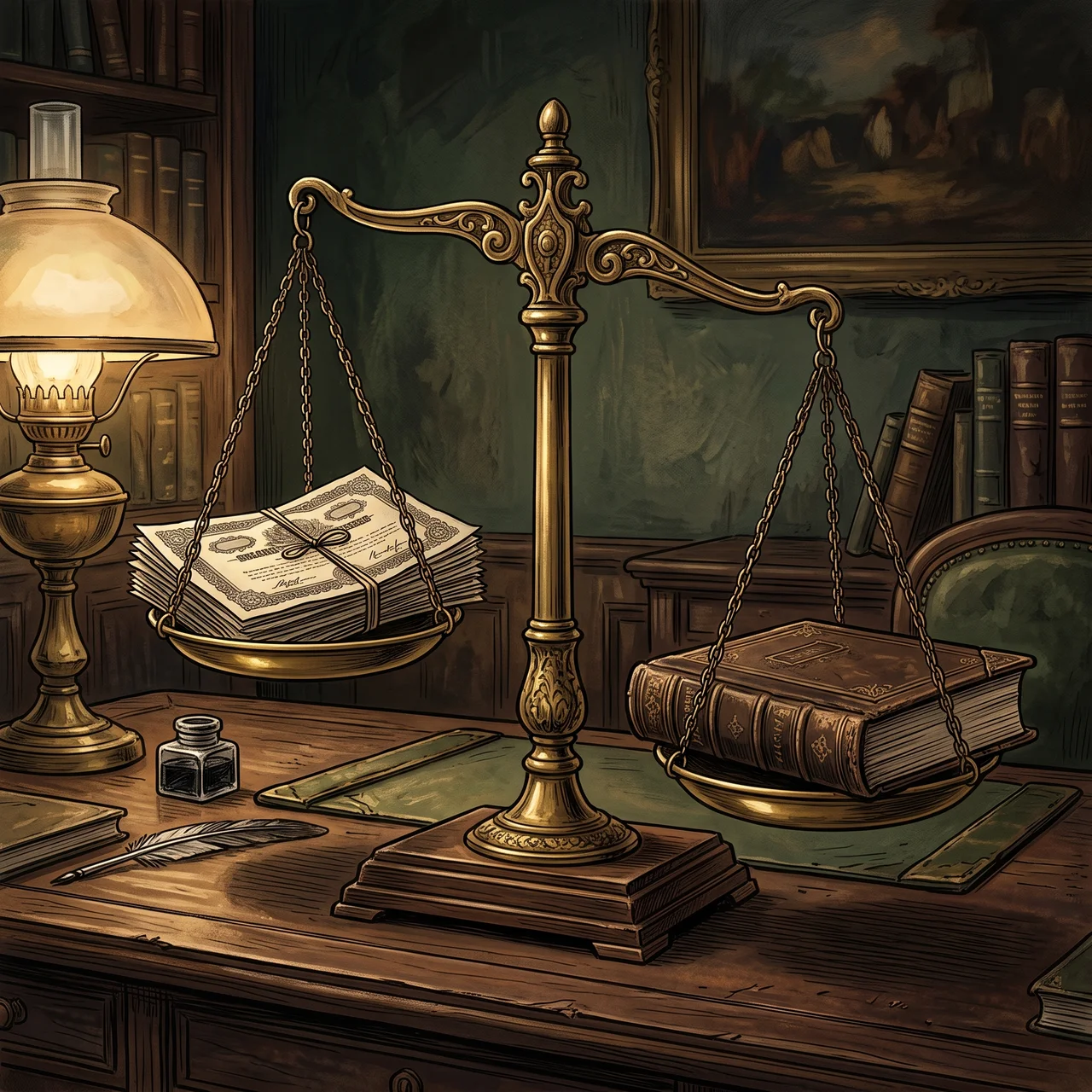 An antique brass beam balance on a dark wooden desk lit by an oil lamp, a bundle of engraved share certificates on the left pan and a heavy leather-bound ledger on the right pan, the ledger hanging lower