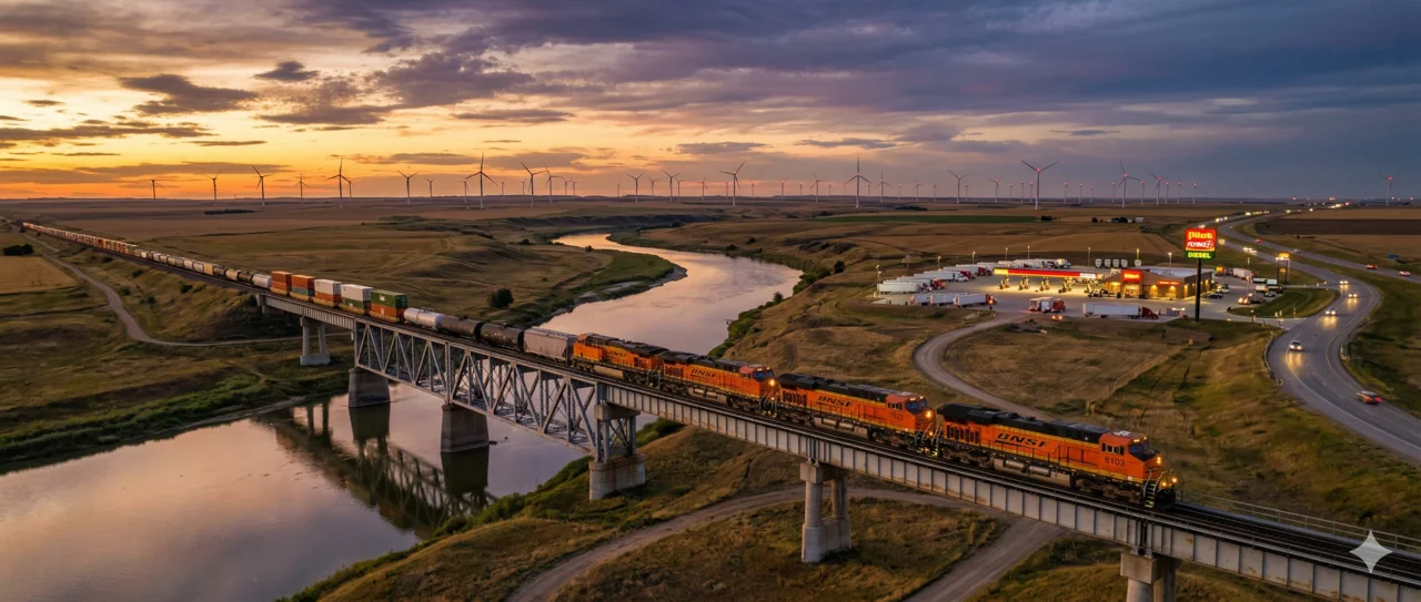 BNSF freight train crossing a vast American landscape at dusk