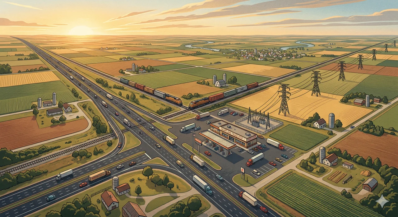 America's infrastructure converging — railroad, power lines, and highway