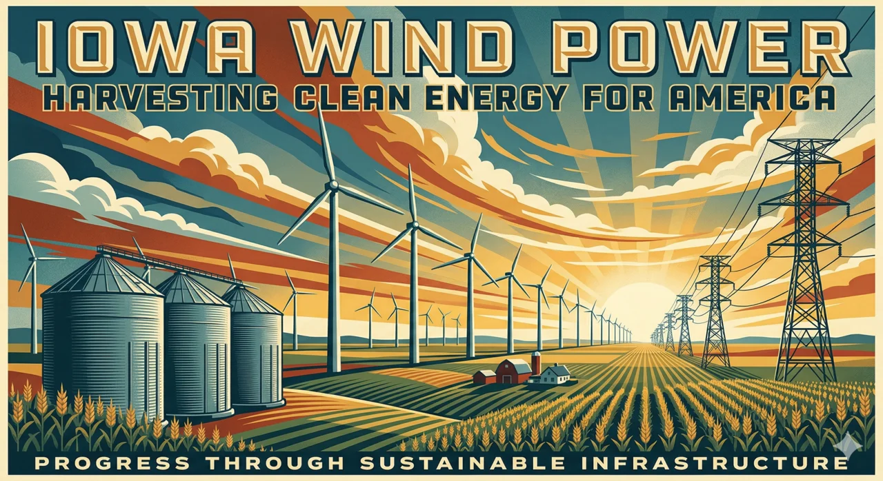 Wind turbines stretching across Iowa farmland with transmission lines