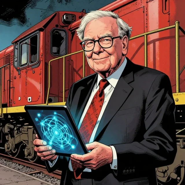 Comic-style portrait of Warren Buffett holding a tablet displaying a glowing AI diagram in front of a locomotive