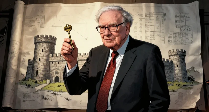 Comic portrait of Warren Buffett in late 90s holding a large brass key labelled FLOAT in front of a fortress blueprint
