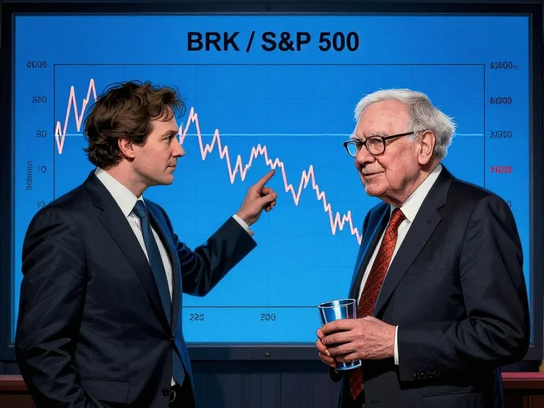 Comic-style portrait of Warren Buffett standing in front of a BRK / S&P 500 chart