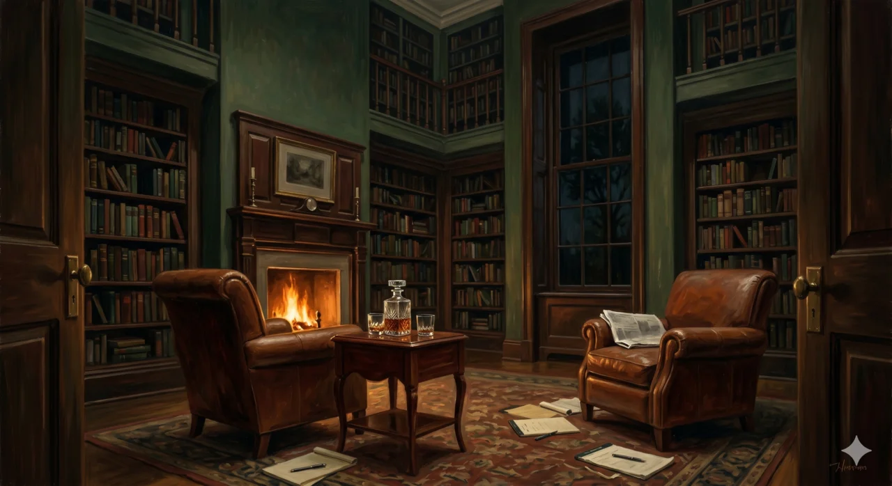 Katharine Graham's Georgetown library, empty chairs by the fireplace