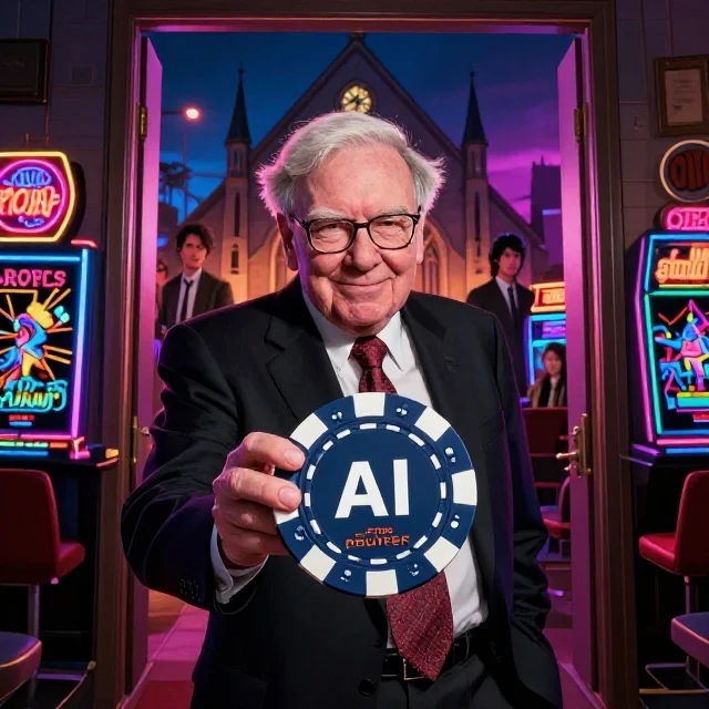 Comic-style portrait of Warren Buffett standing in a doorway between a church and a neon casino, holding a large poker chip reading AI