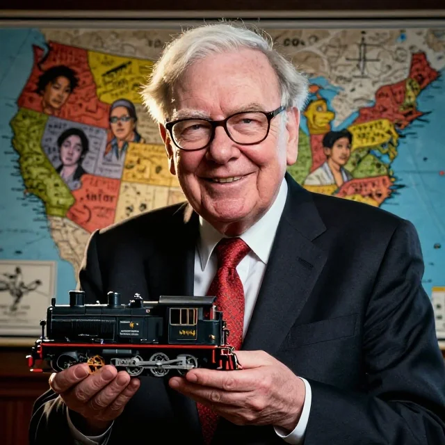 Warren Buffett smiling and holding a model steam locomotive in front of a stylized map of the United States