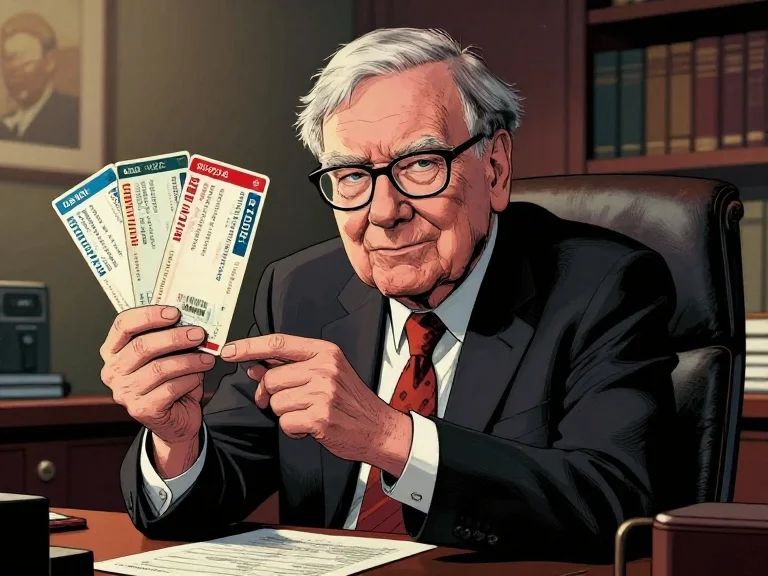 Comic-style illustration of Warren Buffett at his desk holding three boarding passes from different eras