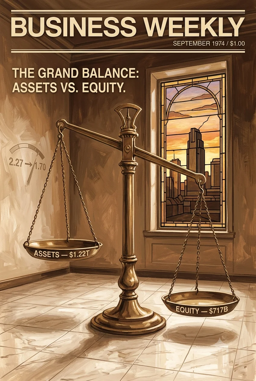 Business Weekly September 1976 magazine cover showing a brass beam-balance scale labelled assets versus equity with leverage ratio dropping from 2.27 to 1.70